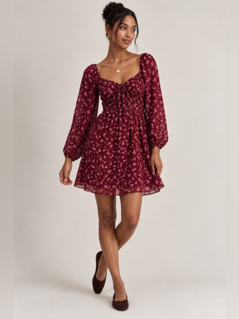 Gap Smocked Babydoll Floral Mini Dress Burgundy Long Sleeve Size L
